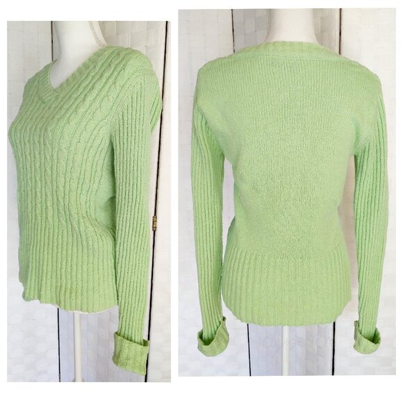 Relativity Sweater Small Vintage Lt Green V-Neck Ribbed Cuffed Lagenlook Preppy - Picture 2 of 12